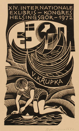 Exlibris by Anna Gremelova from Czechoslovakia for Vaclav Krupka - Child Exlibris Congress Ship/Boat 