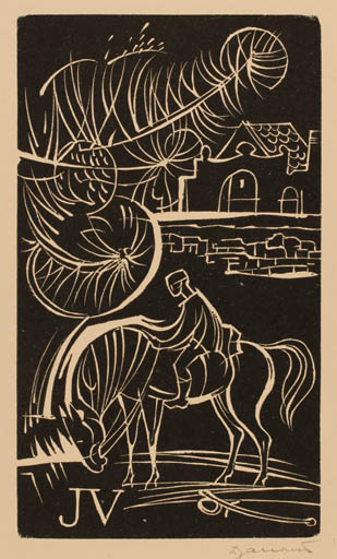 Exlibris by Dusan Janousek from Czechoslovakia for ? J. V. - Horse Man Horseman/Rider 