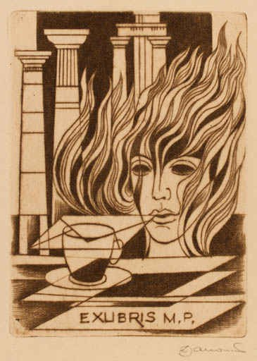 Exlibris by Dusan Janousek from Czechoslovakia for ? M. P. - Woman Portrait 