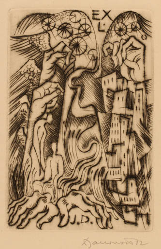 Exlibris by Dusan Janousek from Czechoslovakia for ? J.D. - City Hand(s) 