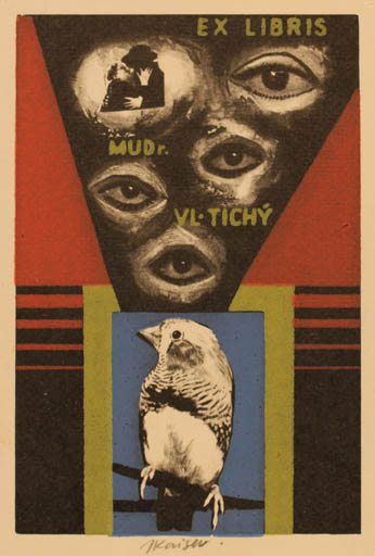 Exlibris by Jaroslav Kaiser from Czechoslovakia for Vladimir Tichy - Bird Couple Romance 