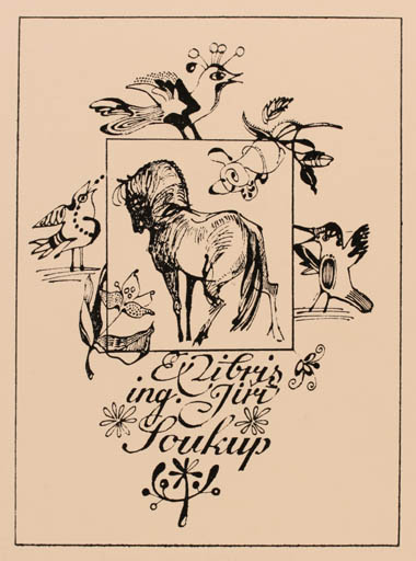 Exlibris by Ivana Kanturkova from Czechoslovakia for Ing. Jiri Soukup - Flower Flora Bird Horse 