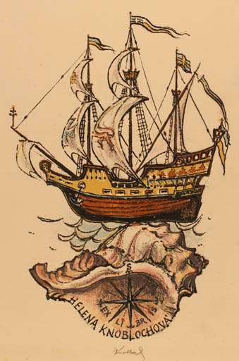 Exlibris by Bohuslav Knobloch from Czechoslovakia for Helena Knoblochová - Maritime Ship/Boat 