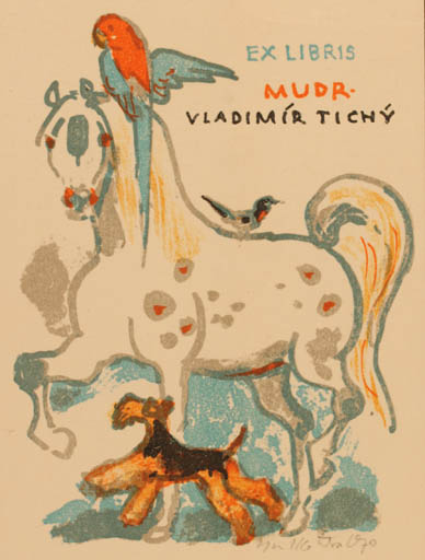 Exlibris by Emil Kotrba from Czechoslovakia for Vladimir Tichy - Bird Horse Dog 