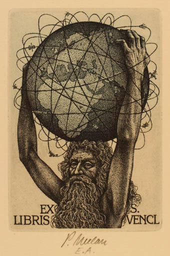 Exlibris by Petr Melan from Czechoslovakia for S Vencl - Globe Man 