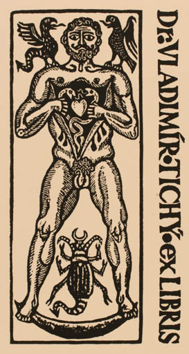 Exlibris by Zdenek Mezl from Czechoslovakia for Vladimir Tichy - Fable Animal Insect Man 