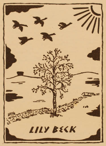 Exlibris by ? ? from Denmark for Lily Beck - Bird Scenery/Landscape Sun Tree 