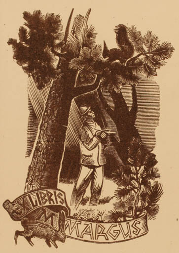 Exlibris by Richard Kaljo from Estonia for M Margus - Fauna Man Tree 