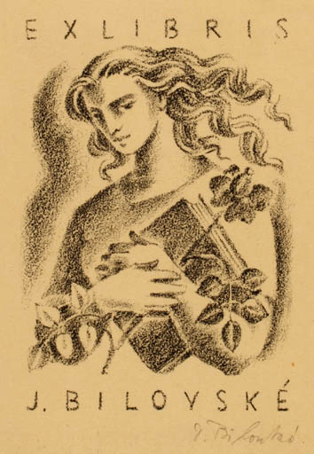 Exlibris by Dobroslava Bilovska from Czechoslovakia for J Bilovske - Flower Book Woman 