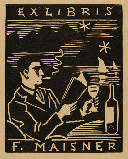 Exlibris by Alois Moravec from Czechoslovakia for F Maisner - Book Man Wine 