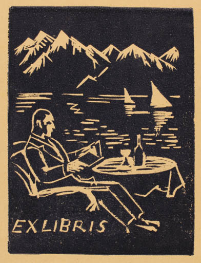 Exlibris by Alois Moravec from Czechoslovakia for ? ? - Mountain Book Man Wine 