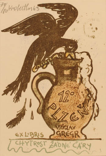 Exlibris by Karel Oberthor from Czech Republic for Vaclav Gregr - Bird Wine 