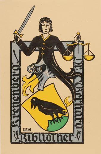 Exlibris by Jacques Buser Kobler from Schwitzerland for Dr. Gerhard Kreyenberg - Heraldry Law 