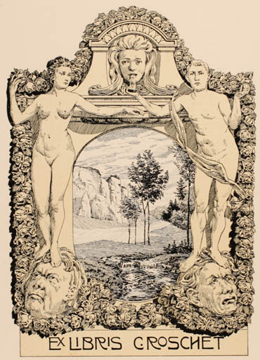 Exlibris by Carl Roschet from Schwitzerland for Carl Roschet - Flora Jugend Scenery/Landscape Mythology Nude Couple 