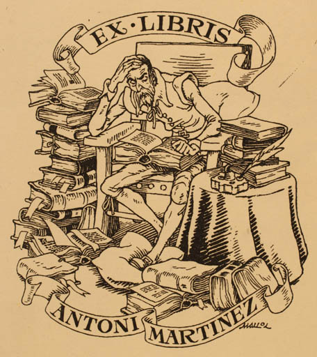 Exlibris by L Mallol from Spain for Antoni Martinez - Book Don Quijote Man 