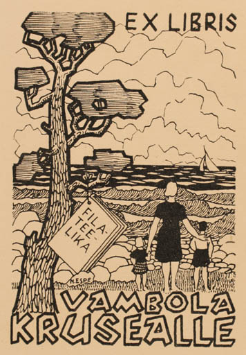 Exlibris by Nigul Espe from Estonia for Vambola Krusealle - Child Woman Scenery/Landscape Tree 