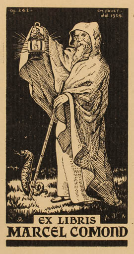 Exlibris by Charles Favet from France for Marcel Comond - Man Religion 