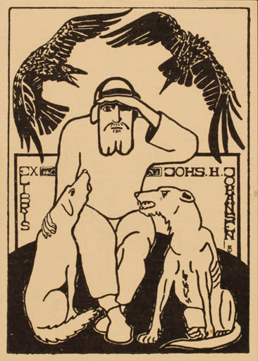 Exlibris by J.P. Bang from Denmark for Johs. H. Johansen - Bird Dog Mythology Viking 