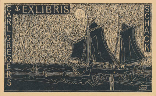 Exlibris by Muggi Wille-Nielsen from Denmark for Carl Gregers - Ship/Boat 