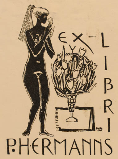 Exlibris by ? ? from Unknown for P. Hermanns - Flower Woman Nude 