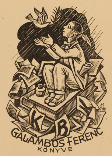 Exlibris by Istvàn Drahos from Hungary for Galambos Ferenc - Book Bird Man 