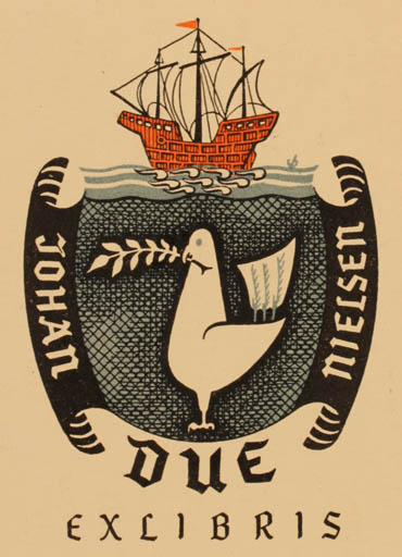 Exlibris by Christian Blæsbjerg from Denmark for Johan Due Nielsen - Fauna Ship/Boat 