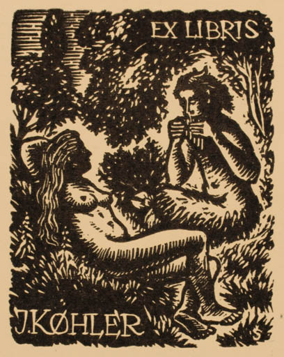 Exlibris by Hugo Silbersky from Czechoslovakia for Køhler Johnny - Woman Music Pan/Faun 