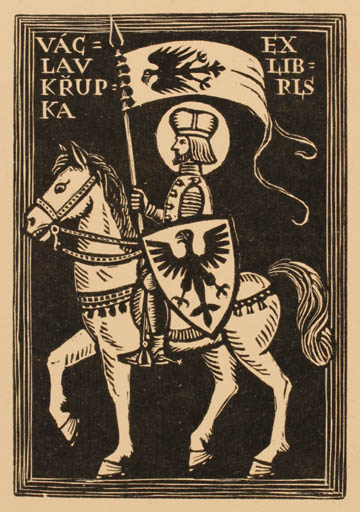 Exlibris by Michal Florian from Czechoslovakia for Vaclav Krupka - Horse Knight Horseman/Rider 