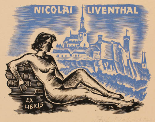 Exlibris by Johann Naha from Germany for Nicolai Liventhal - Book City Woman Nude 