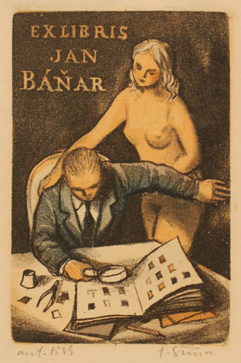 Exlibris by Pavel Simon from Czechoslovakia for Jan Bánar - Woman Man 