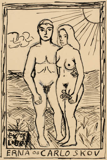 Exlibris by Svend Aage Mollerup from Denmark for Erna und Carlo Skov - Nude Couple Romance 