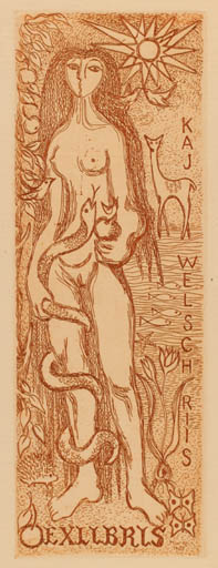 Exlibris by Muggi Wille Nielsen from Denmark for Kaj Welsch Riis - Adam and Eve Woman Nude 