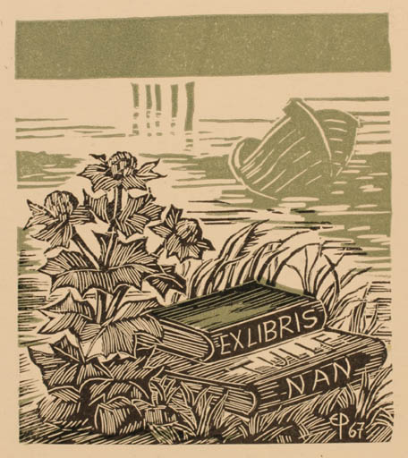 Exlibris by Edmund Peter from Denmark for ? Nan - Book Flora Ship/Boat 