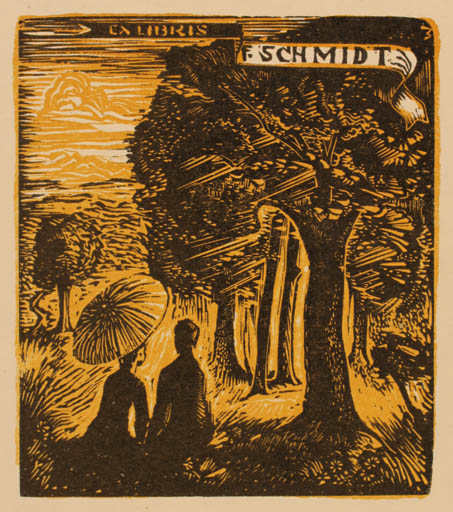 Exlibris by Jindrich Mahelka from Hungary for Frant Schmidt - Couple Romance Forest 