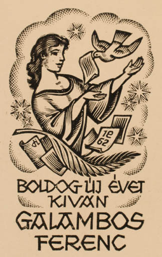 Exlibris by Istvàn Drahos from Hungary for Galambos Ferenc - Bird Woman 