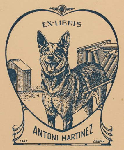 Exlibris by P San Josè from Spain for Antoni Martinez - Dog 