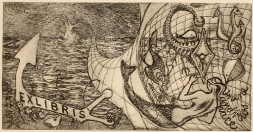 Exlibris by Muggi Wille-Nielsen from Denmark for Irene Dwen Pace - Fairytale/fable Mermaid Maritime 