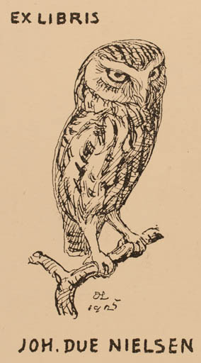 Exlibris by Johannes Larsen from Denmark for Johan Due Nielsen - Owl 