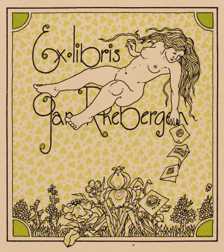 Exlibris by Ad. van Hoof from Netherland for G. Jan Rhebergen - Flower Flora Jugend Woman Nude 