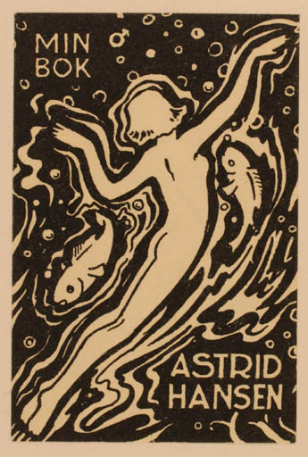 Exlibris by Albert Jaern from Norway for Astrid Hansen - Fish Jugend Woman 