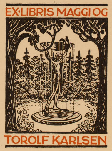 Exlibris by Albert Jaern from Norway for Torolf Karlsen - Jugend Woman Forest 