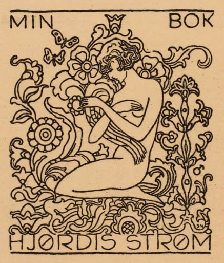 Exlibris by Albert Jaern from Norway for Hjørdis Strøm - Flower Flora Jugend Woman Nude 