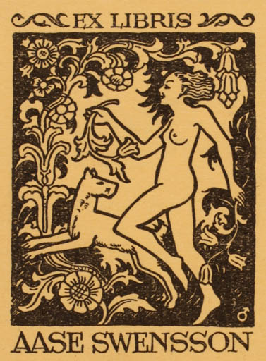 Exlibris by Albert Jaern from Norway for Aase Svensson - Flower Flora Dog Jugend Woman Nude 