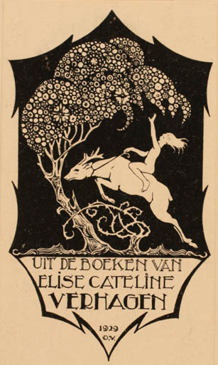 Exlibris by Otto Verhagen from Netherland for Elise Cateline Verhagen - Fauna Jugend Woman Tree 