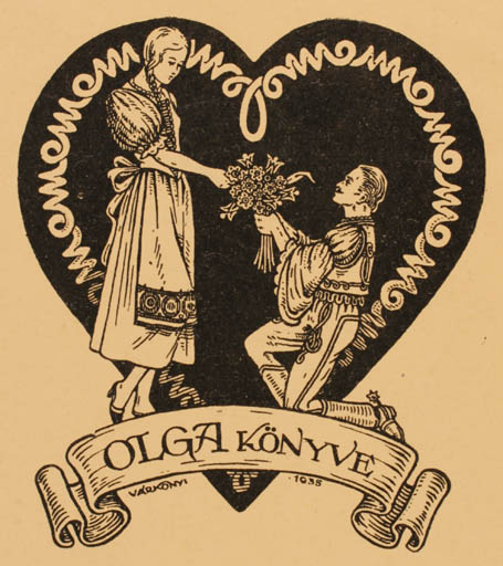 Exlibris by Kàroly Vàroknyi from Hungary for ? Olga - Woman Man 