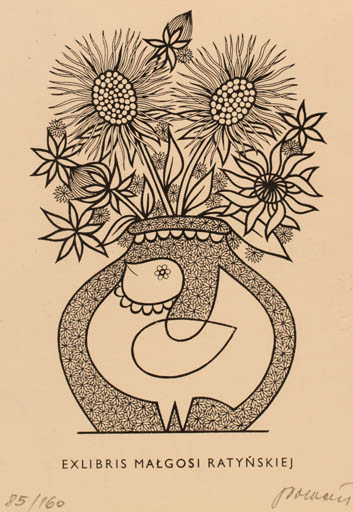 Exlibris by Josef Polacek from Czechoslovakia for Malgosi Ratynskiej - Flower Flora Bird 