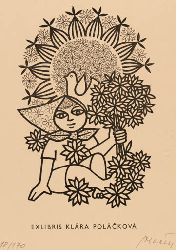 Exlibris by Josef Polacek from Czechoslovakia for Klára Polácková - Child Flower Flora Bird 