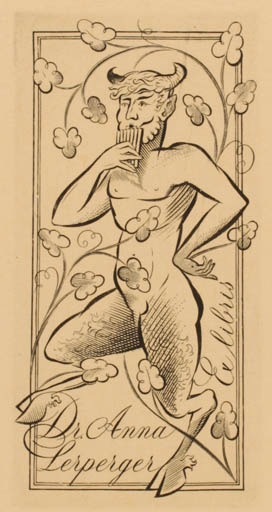 Exlibris by Cyril Housa from Czech Republic for Dr. Anna Lerperger - Fable Animal Music Pan/Faun 