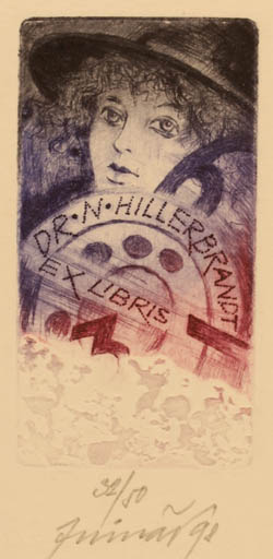 Exlibris by J Mlinar from Czech Republic for Dr. Norbert Hillerbrandt - Woman Portrait 