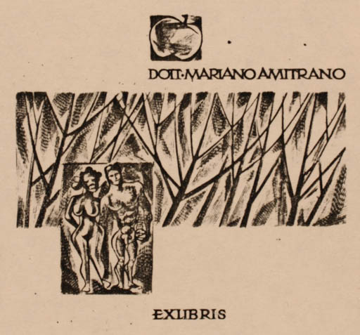 Exlibris by Wojciech Jakubowski from Poland for Mariano Amitrano - Adam and Eve 